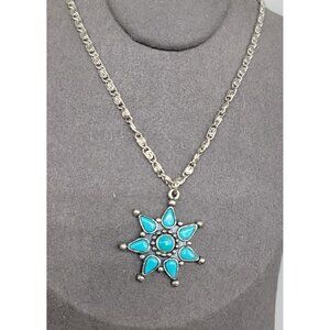 R Sancrest Faux Turquoise Star Pendant Necklace 18" Silver Tone Signed Ladies